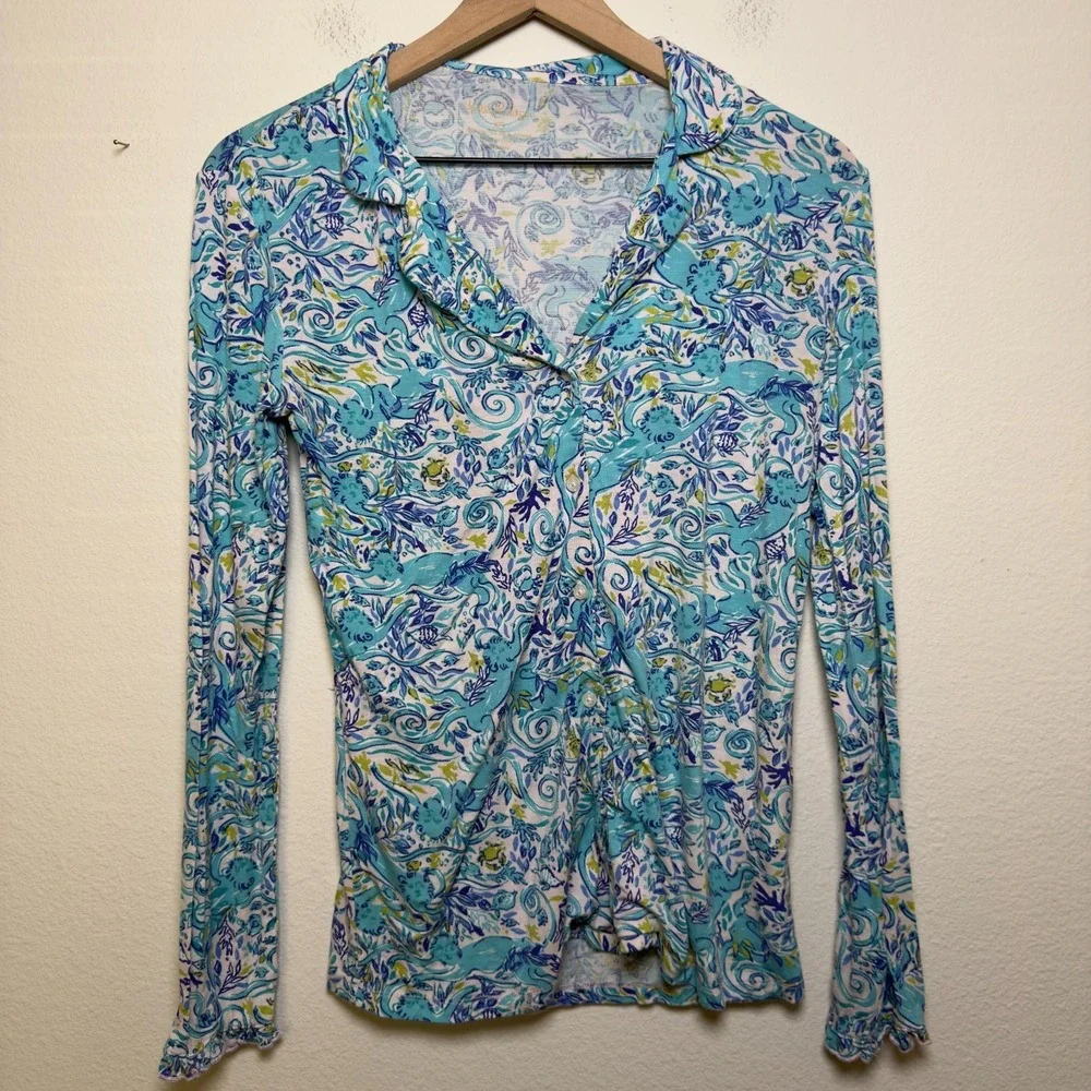 Lilly Pulitzer Pajama Top XS Blue Modal Ruffle Melon Fig Tint Monkey Print
